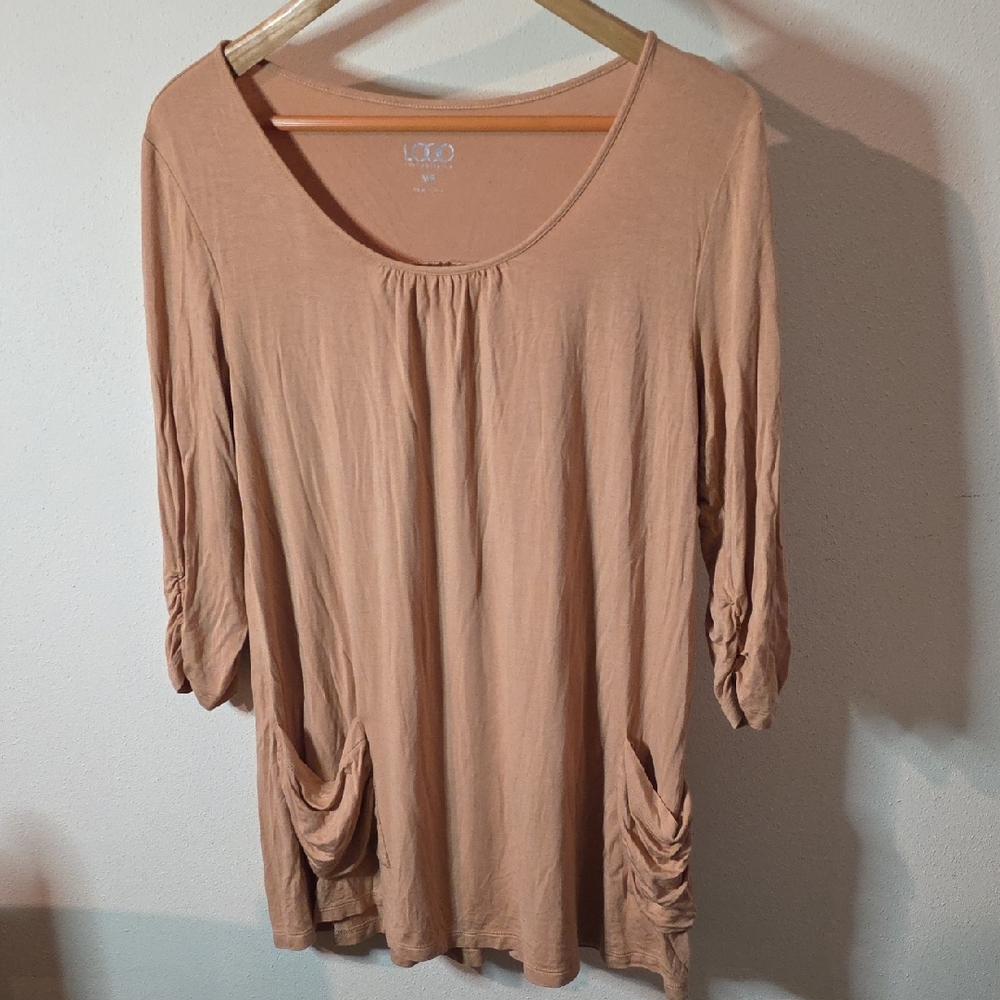LOGO by Lori Goldstein Tan Tunic with Ruched Pockets